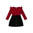thumbnail image 1 of Xingqing Toddler Baby Girl Fall Winter Clothes Ruffle Knit Long Sleeve Pullover Tops Bow Button A-Line Skirts 2pcs Set Burgundy 2-3 Years, 1 of 9