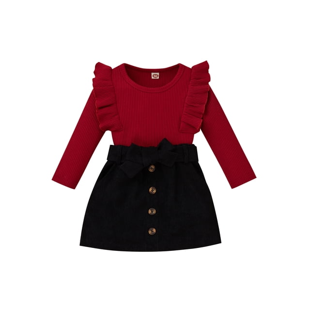 Xingqing Toddler Baby Girl Fall Winter Clothes Ruffle Knit Long Sleeve Pullover Tops Bow Button A-Line Skirts 2pcs Set Burgundy 2-3 Years