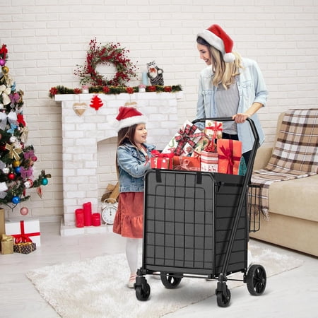 Grocery Cart on Wheels with Liner, 110LBS Heavy Duty Folding Shopping Trolley for Seniors