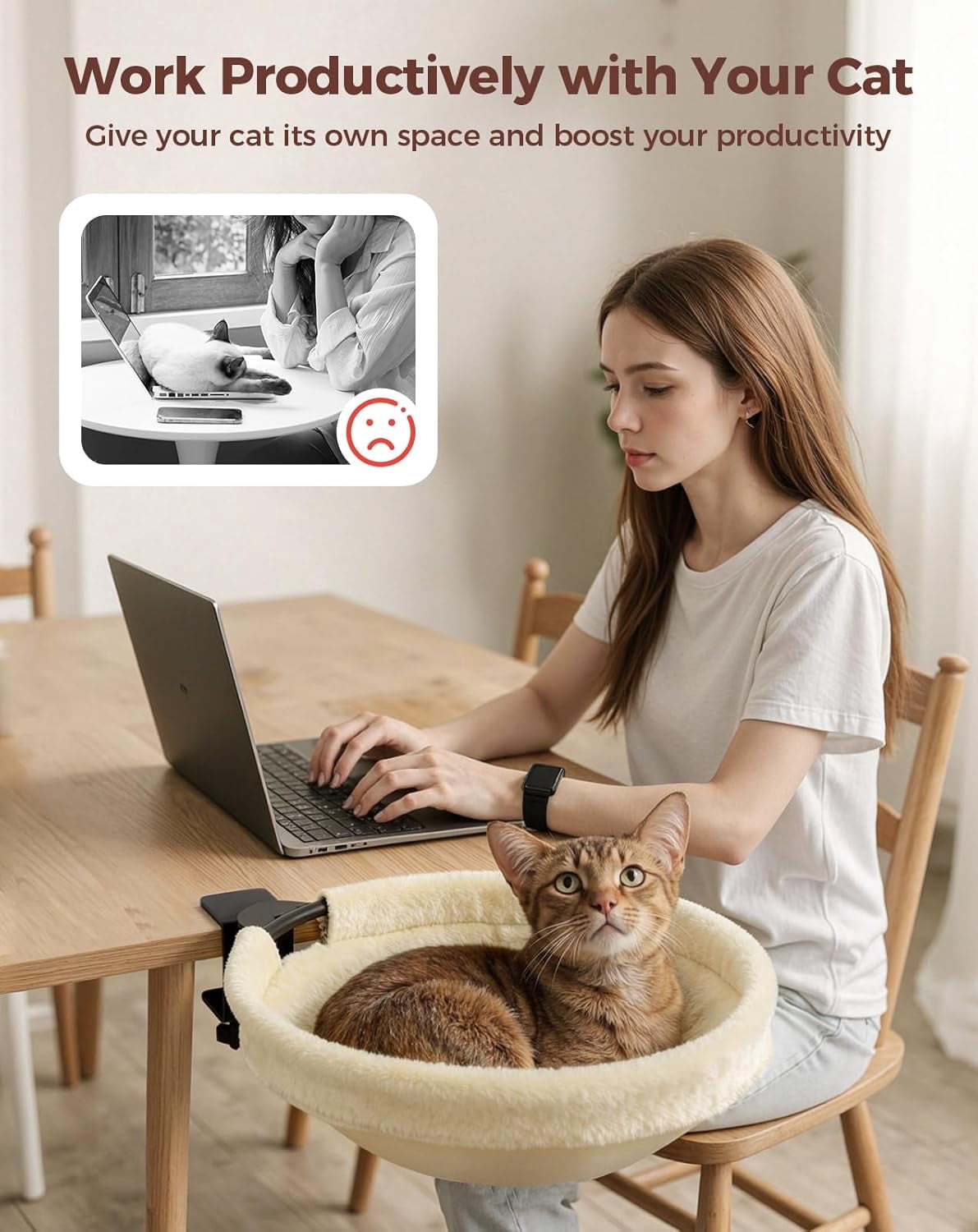 Cat Desk Bed, 16"x16" Sturdy Rotating Cat Bed for Desk with Removable Washable Soft Fabric Hammock Cover, Stable Holds Up to 50 lbs, Space Saving Cat Perch for Home Office, Game Table