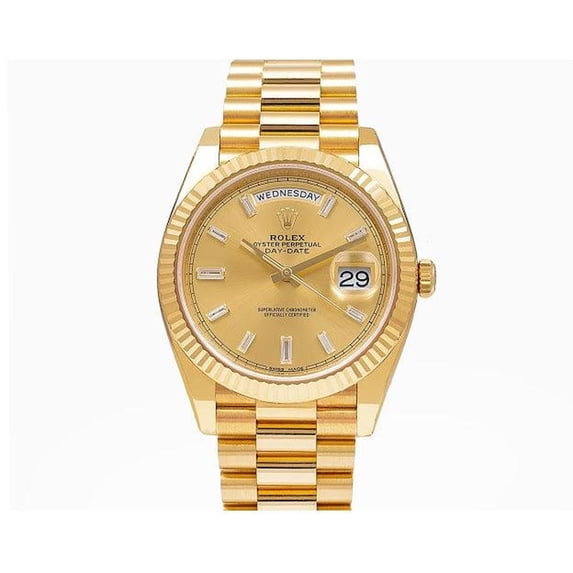 Pre-Owned Rolex Day-Date 40MM 228238 Champagne Baguette Diamond Dial Fluted Bezel 18K Yellow Gold President Bracelet