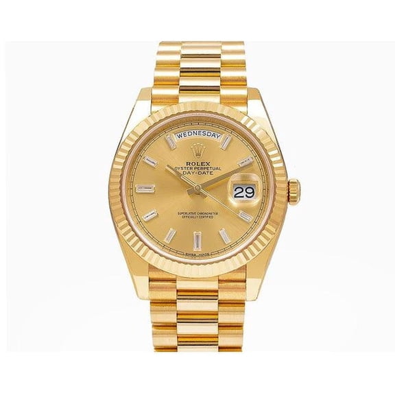 Pre-Owned Rolex Day-Date 40MM 228238 Champagne Baguette Diamond Dial Fluted Bezel 18K Yellow Gold President Bracelet