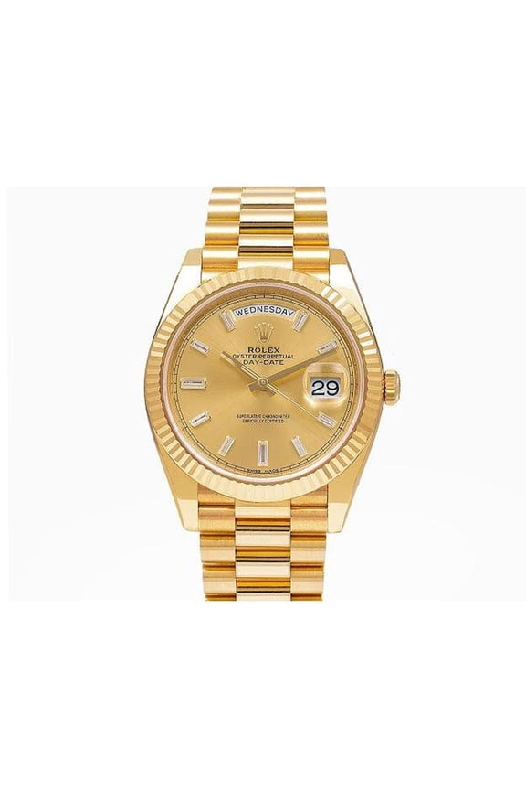 Pre-Owned Rolex Day-Date 40MM 228238 Champagne Baguette Diamond Dial Fluted Bezel 18K Yellow Gold President Bracelet