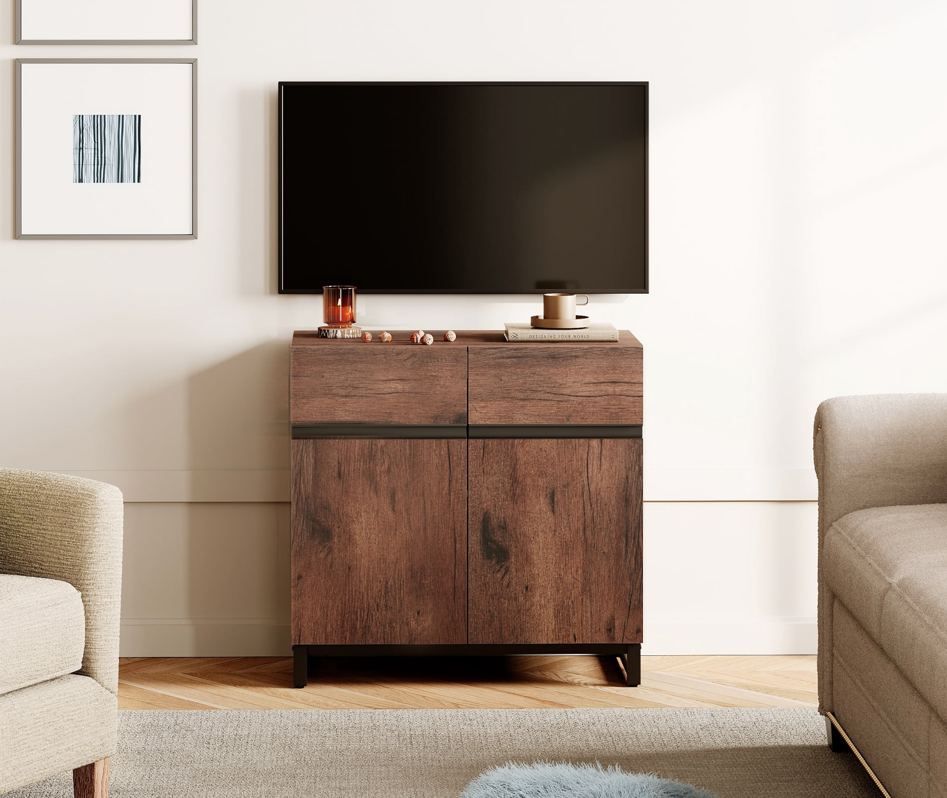 WAMPAT 31.5" TV Stand with Doors,Modern TV Stand for TVs up to 40 Inch,1 Pack Wood Entertainment Center with Adjustable Shelves & Metal Base.