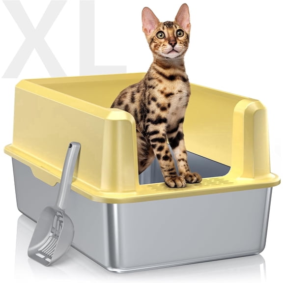 WoofiGo XL Stainless Steel Cat Litter Box, Extra Large Open Top Pan with High Sides and Scoop, Yellow
