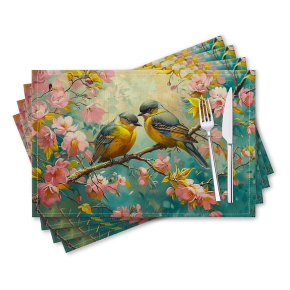 BaHomeck placemats Set of 4 rectangle Linen Cotton Placemats for Dining Table Washable Heat Resistant,18*12inch,Beautiful Birds Sitting On The Branches Of Blooming Cherry Blossoms