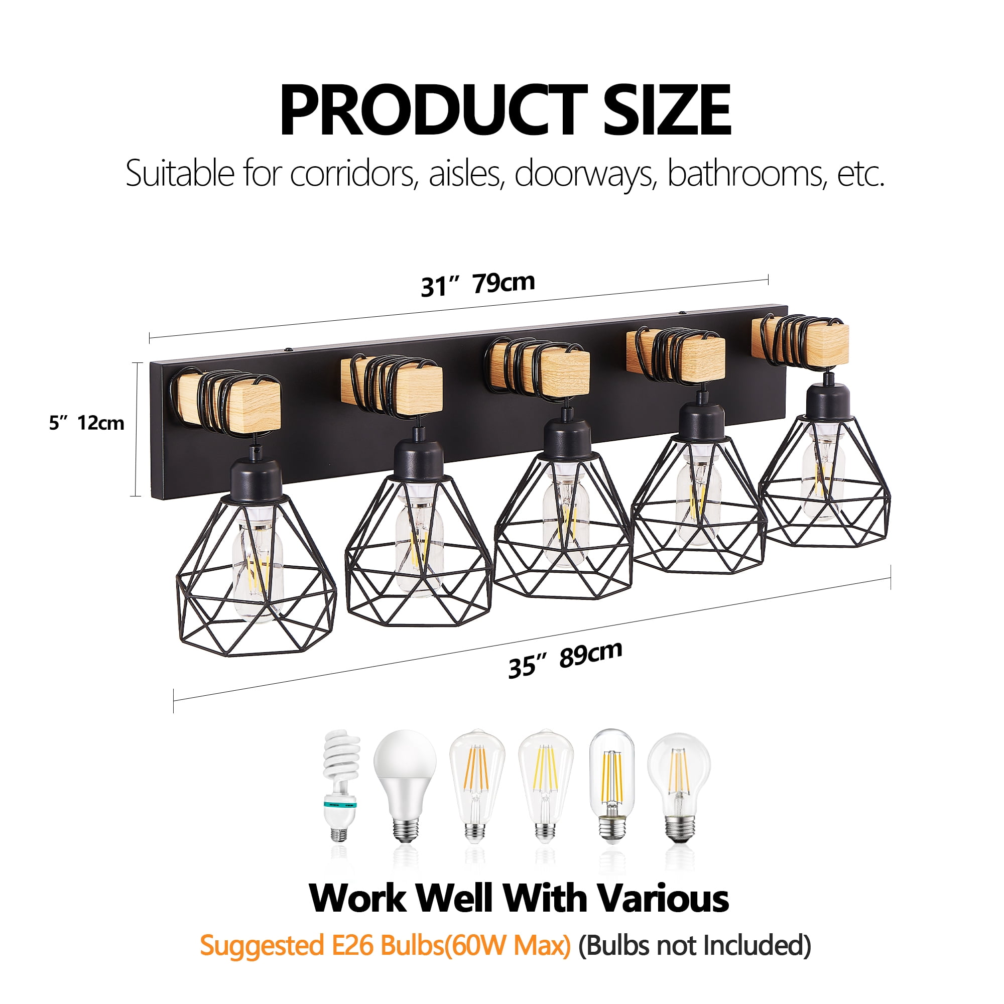 5-Light Farmhouse Bathroom Light Fixtures with Black Metal Cage Lampshade Rustic Wood Vanity Light Black and Wood Finish