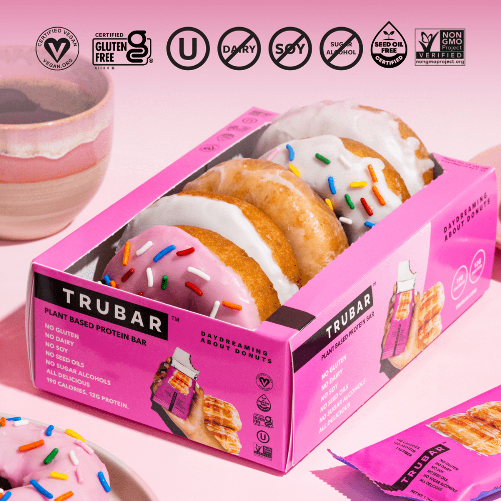 TRUBAR Protein Bar, Daydreaming About Donuts,Plant Based Protein,Vegan,Gluten Free,Kosher,12 Cnt (Box)