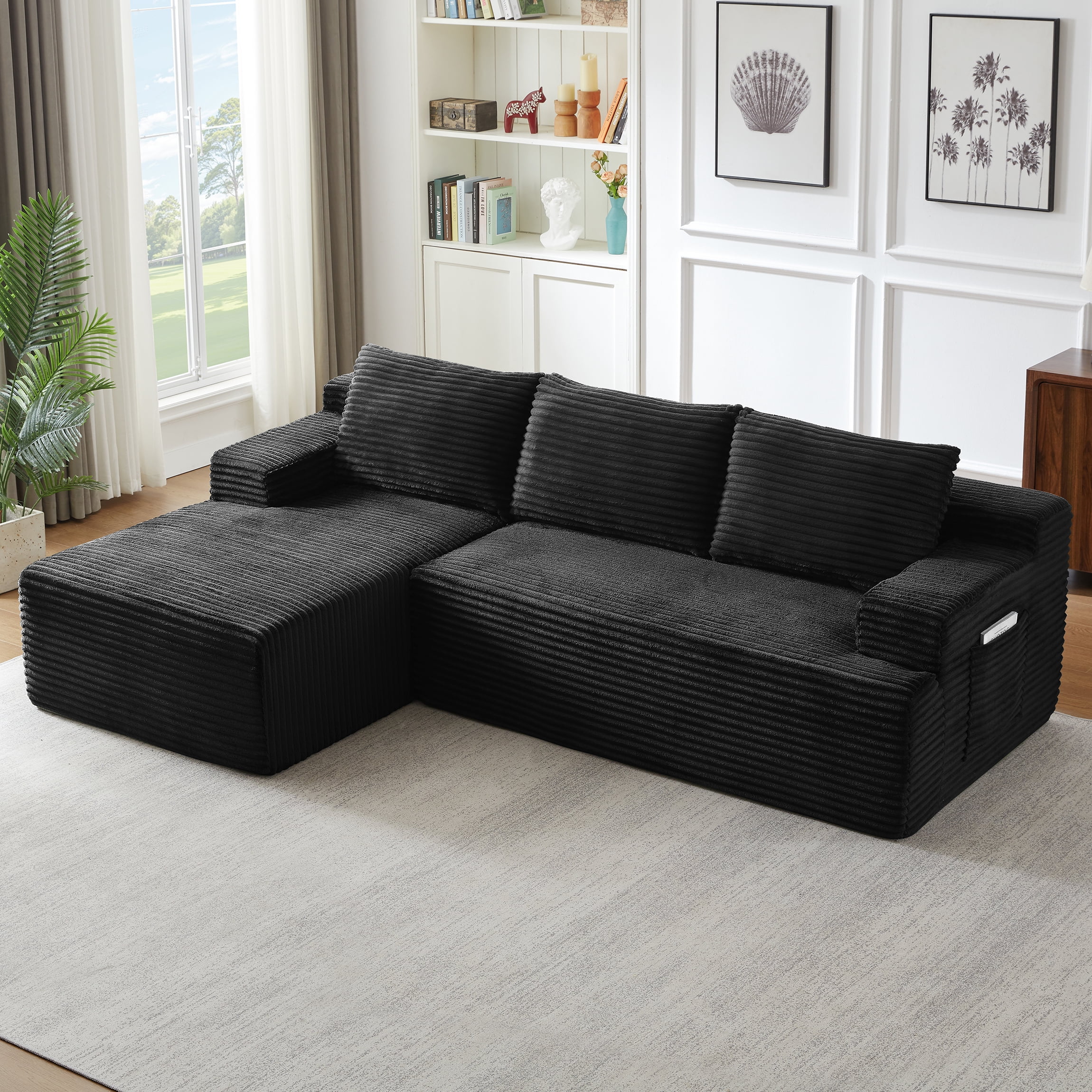 Vanress 96 Inch Modular Sectional Couches for Living Room, Modern Boneless Sofa, Upholstered Deep Seat Cloud Couch, Corduroy Comfy L-Shape Sofas Couches, No Assembly, Black (Left Facing Chaise)