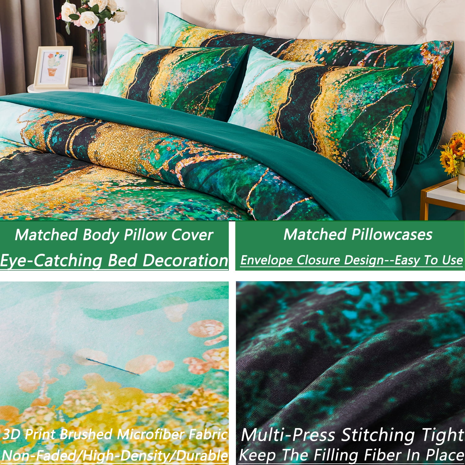 PERFEMET Green Watercolor Marble Comforter Set Tie Dye Queen Size Bedding Set with Matched Bed Sheets Colorful Retro Artwork Style Bed Collections Super Soft Breathable Quilt Set(Green,Queen)