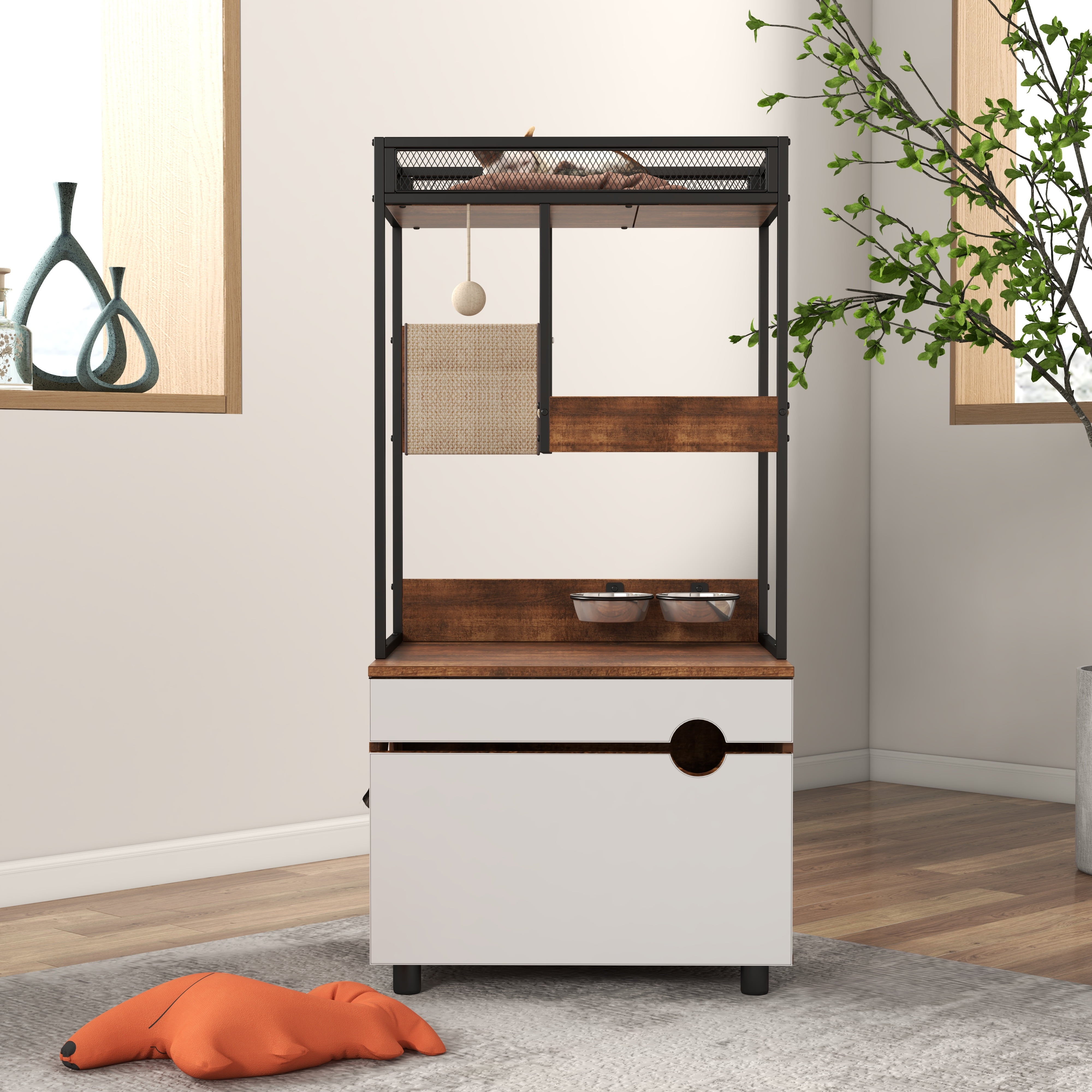 DUOSONG Cat Litter Box Enclosures With Cat Tree Tower, Cat Furniture ,Cat Cabinet White+Vintage Particle Board Pet Supplies Trees & Condos