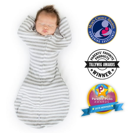 UPC: 0817606026774 | SwaddleDesigns Transitional Swaddle Sack with Arms Up Half-Length Sleeves and Mitten Cuffs Better Sleep for Baby Boy & Baby Girl Heathered Gray Stripes Medium 3-6 Mo 14-21 lbs