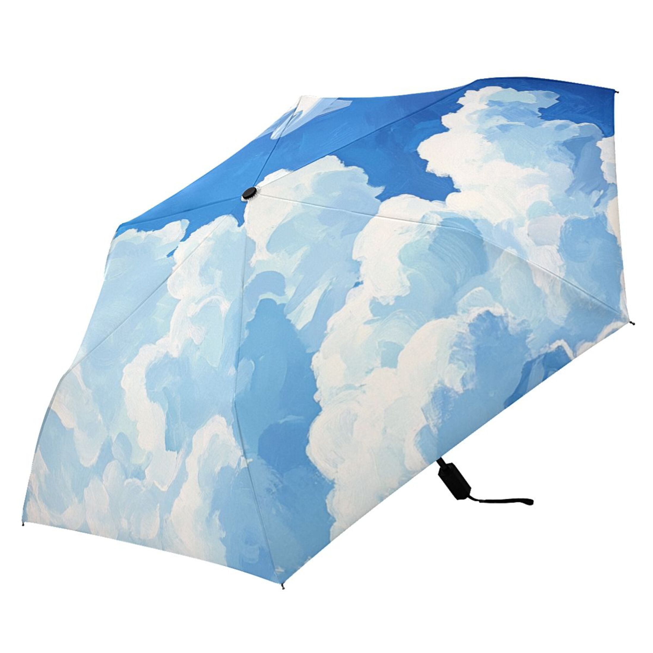 Plane Sky White Clouds Oil Painting All Weather Umbrella Triple Folding Parasol 6 Ribs UV Protection Portable