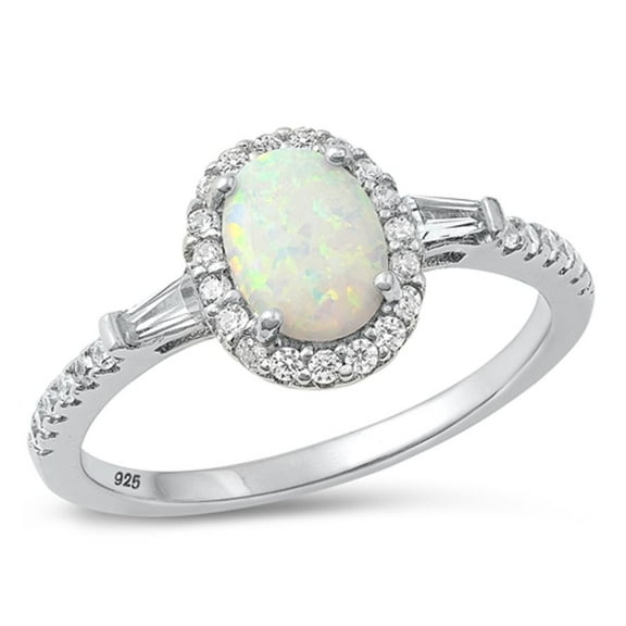 Halo Clear Cubic Zirconia White Simulated Opal Ring .925 Sterling Silver Band Jewelry Female Size 7