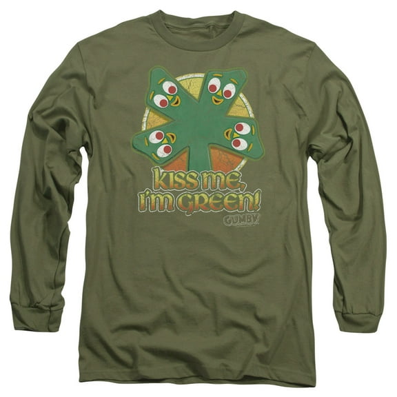 Gumby Kiss Me Long Sleeve Adult 18/1 T-Shirt -Military Green