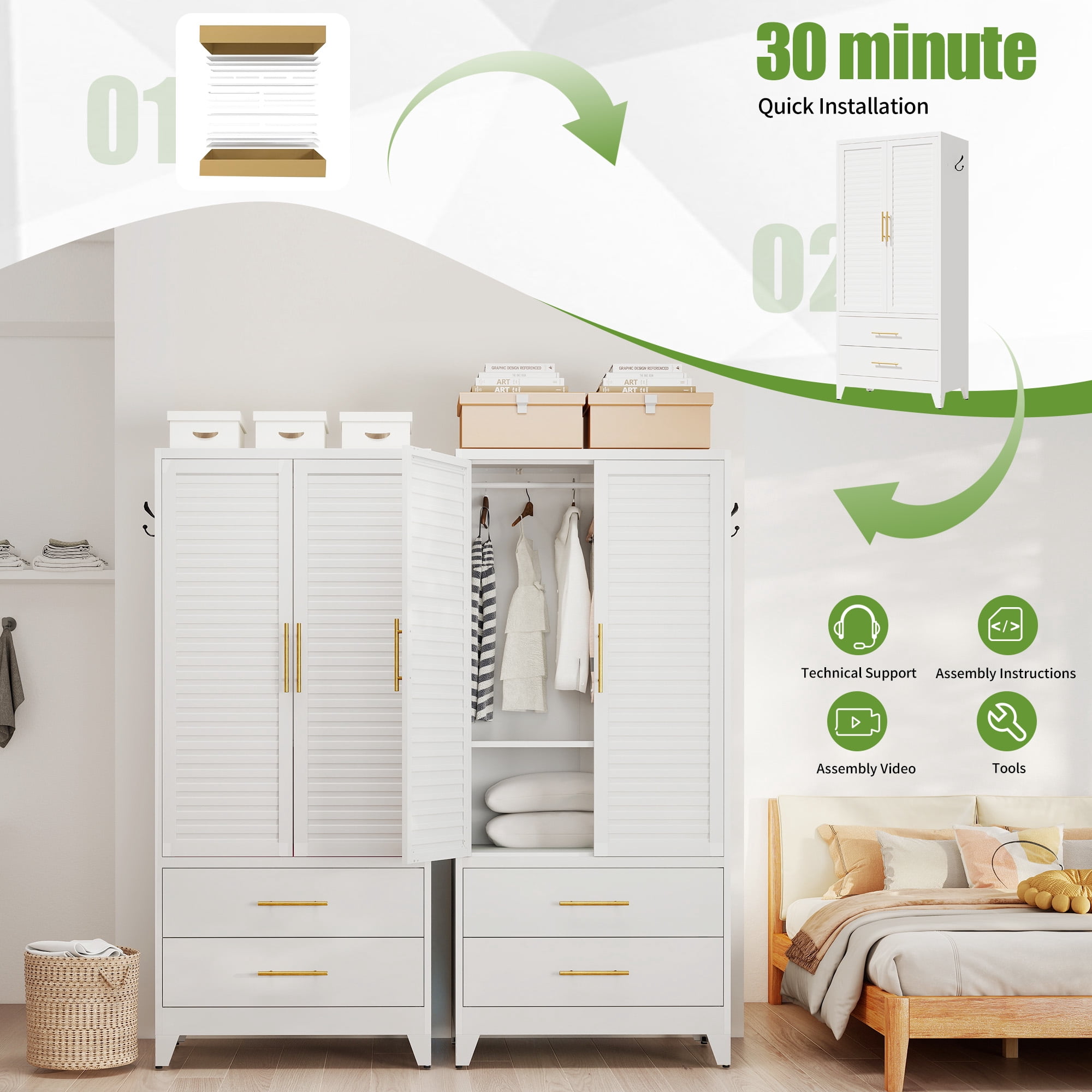 Miniyam 71″ Tall White Metal Wardrobe Closet – 2 Drawers + 2 Doors, Cold Rolled Steel, Easy Assembly – For Apartments, Dorms, Renters