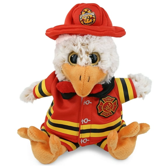 DolliBu Sitting Rooster Firefighter Stuffed Animal - Rooster Fireman Toy with Red Fireman Costume Outfit and Fireman Hat, Cute Farm Life Stuffed Animal Fire Fighter Doll Plush Toy for Kids - 9 Inch