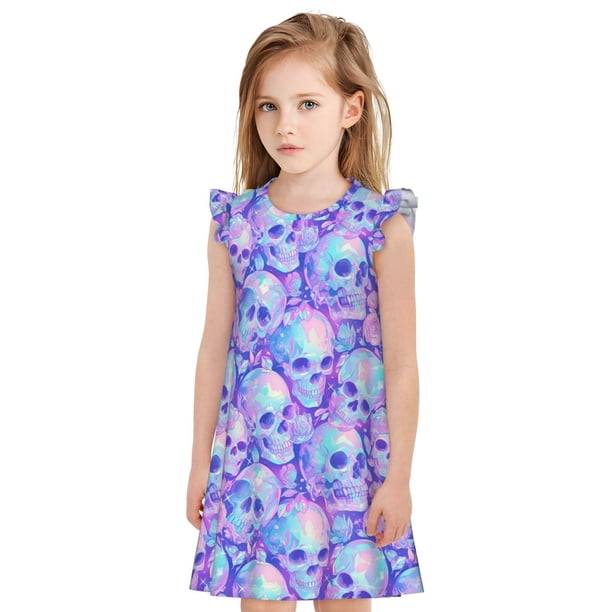 Fotbe Blue Skull Daisy Vestido de Dormir para Niñas de 3 a 10 Años, Mangas Cortas, Estilo Princesa, Pijama Camisón con Mangas Voladas-XX-Large