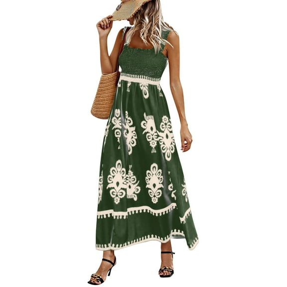 Boho Dresses for Women 2025 Sleeveless Square Neck Smocked Maxi Dress Casual A Line Flowy Beach Vacation Sun Dresses Green XL
