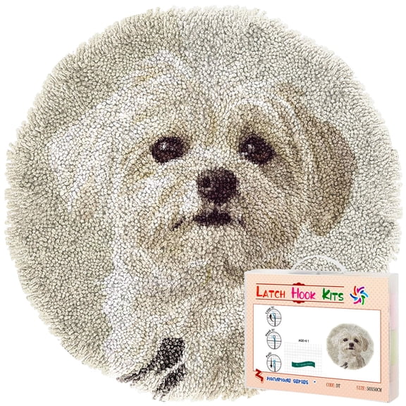 Latch Hook Rug Kit Maltese Dog Stamped Handmade Round Shape Carpet Crochet Yarn Craft DIY Hook and Latch Door Mat Tapestry for Home Floor Decor 50x50cm(2)