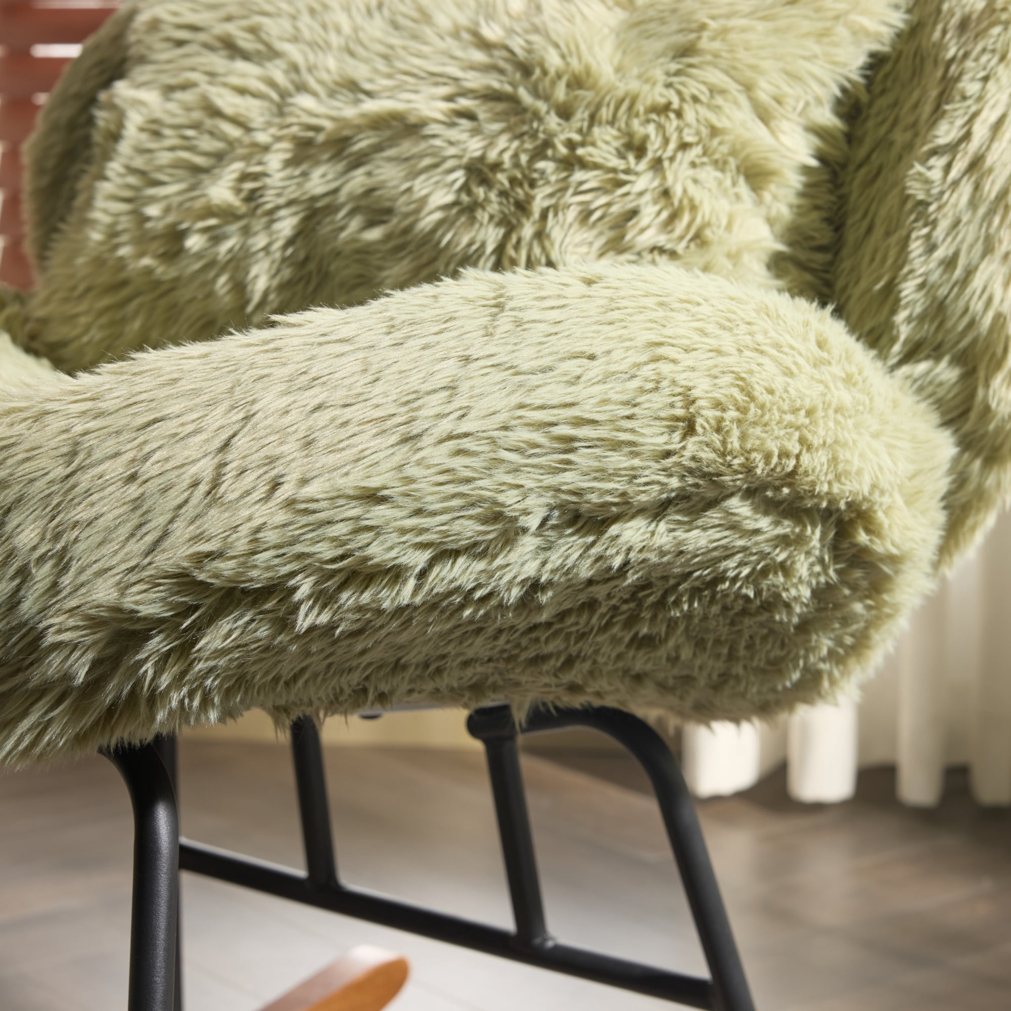 Zimtown Nursery Rocking Chair, Long Pile Fabric Upholstered Rocker Glider, Rocking Accent Chair with Wooden Frame for Living Room Bedroom, Green