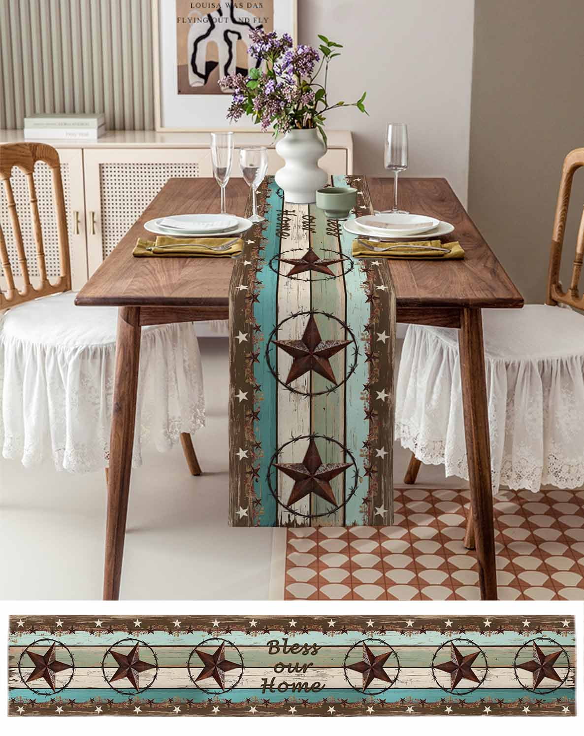 nqOlkjepod West Texas Star Rustic Table Runner 72 Inches Long Farmhouse Dress Scarves, Farmhouse Teal Green Wood Plank Dining Tablerunner for Coffee Table/Kitchen Island/Party Décor, 13" x 72"