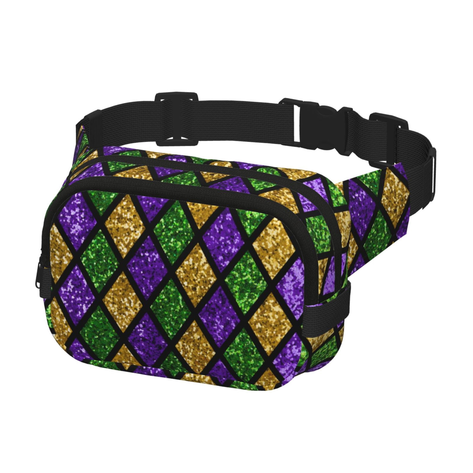 Fuzoiu Mardi Gras Shiny Green Purple Print Unisex Square Double Layer Waist Bag,Crossbody Fanny Pack Travel Workout Accessory