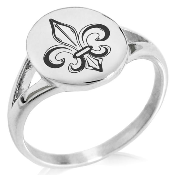 Stainless Steel Valorous Fleur De Lis Minimalist Oval Top Polished Statement Signet Ring