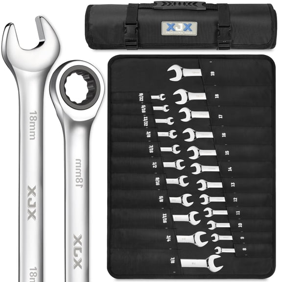 XJX 24PCS Ratcheting Combination Wrench Set | SAE & Metric | 12 Point | 1/4”to 7/8” and 8-19mm | CR-V Steel | Ratchet Wrenches Set with Portable Roll-Up Pouch