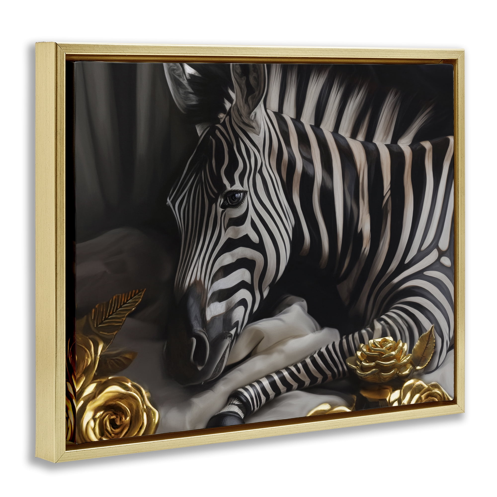 Stupell Industries Zebra with Gold Flowers Animals Painting Gold Floater Framed Canvas Art Print Wall Art, 21 x 17