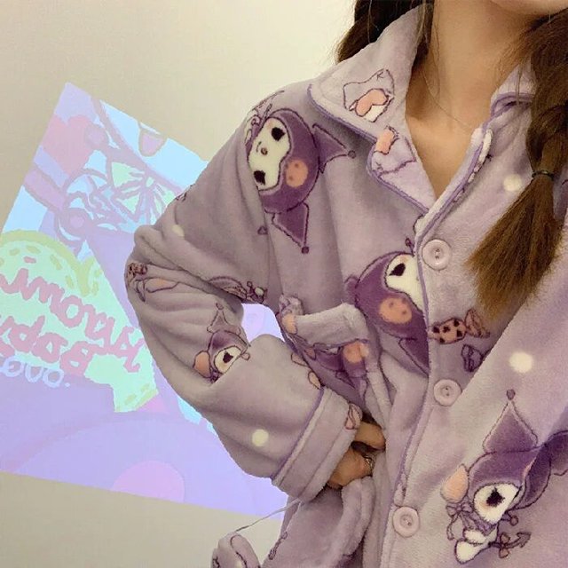 Sanrio-Pijama de franela de Cinnamoroll para mujer, ropa de dormir de felpa suave, cárdigan, Tops, pantalones, dibujos animados, Melody Kuromi, conjunto de 2 piezas