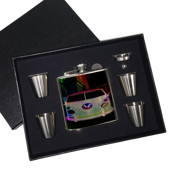 KuzmarK 6 oz. Stainless Steel Flask Set in Black Presentation Box -  Volkswagon Van Watercolor