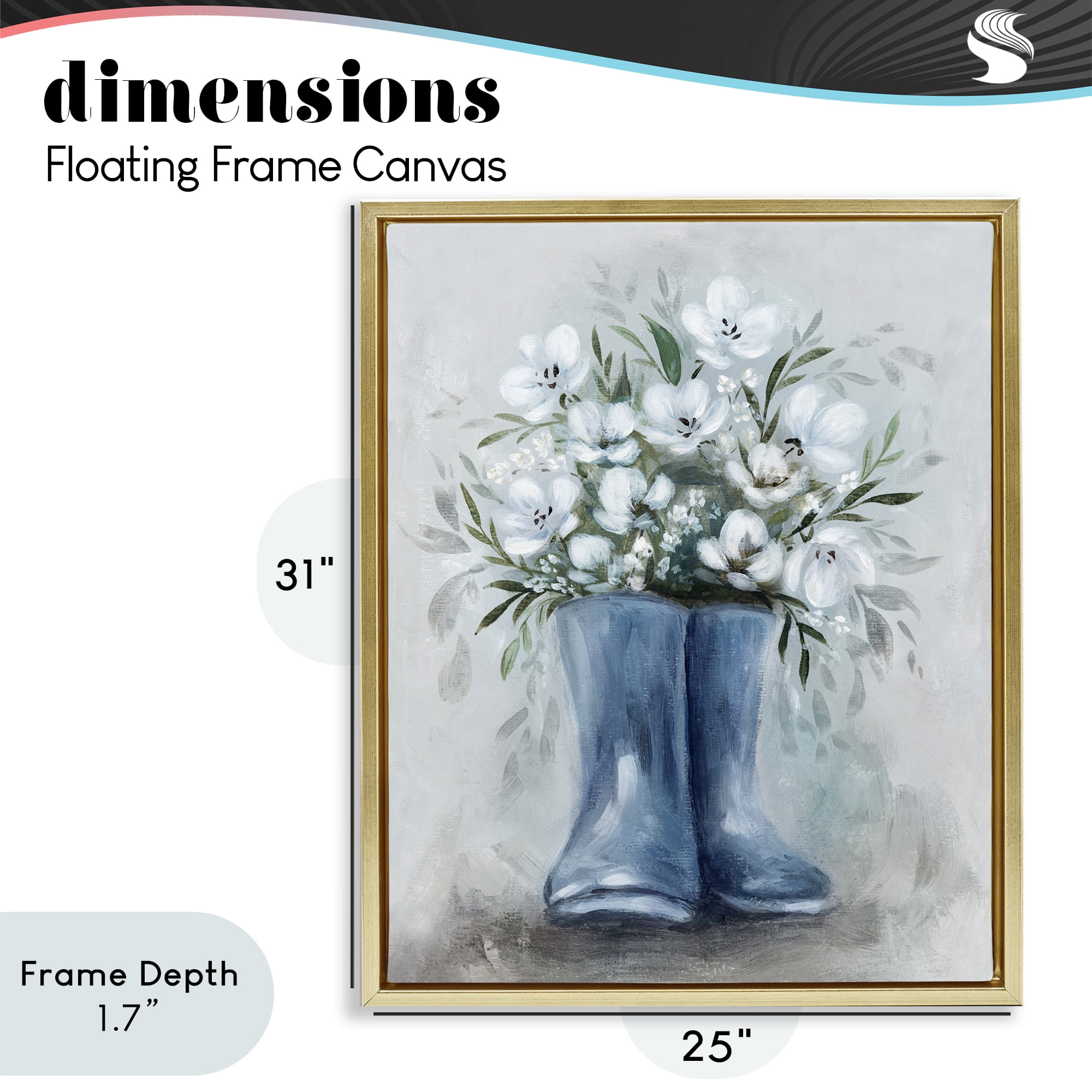 Stupell Industries Botanical Bouquet in Blue Boots Gold Framed Floater Canvas Wall Art, design by Kristen Brockmon