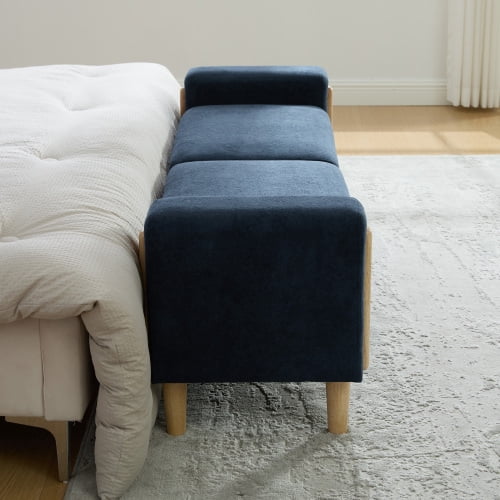 65.67" Wide Modern Upholstered Storage Bench with Double Lids and Armrest, Chenille Fabric, Rubberwood Legs, for Living Room, Entryway, Bedroom, Dormitory, Blue