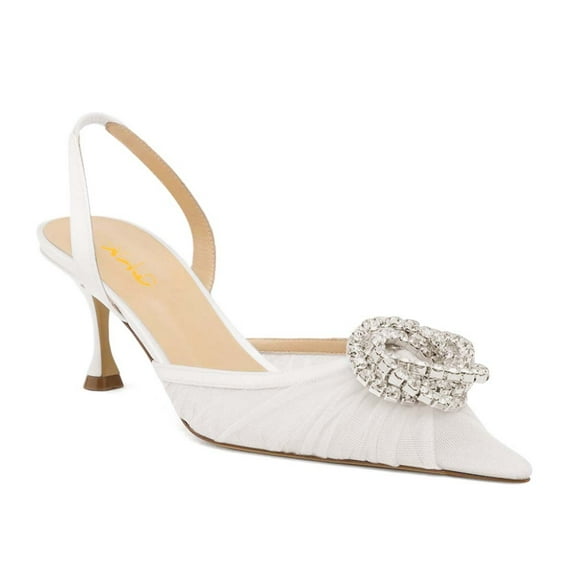 XYD Women Crystal Pointed Toe Slingback Pumps Gauze Mesh Low Heel Shoes Gorgeous Prom Wedding Sandals Size 7 White