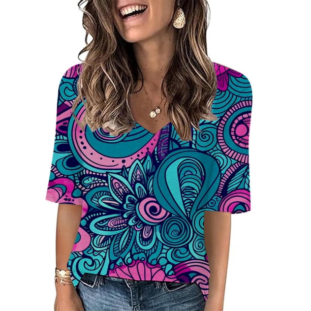 Fiudx Camisas para Mujer Camiseta de Manga Corta con Cuello En V Estampada Informal a La Moda para Mujer