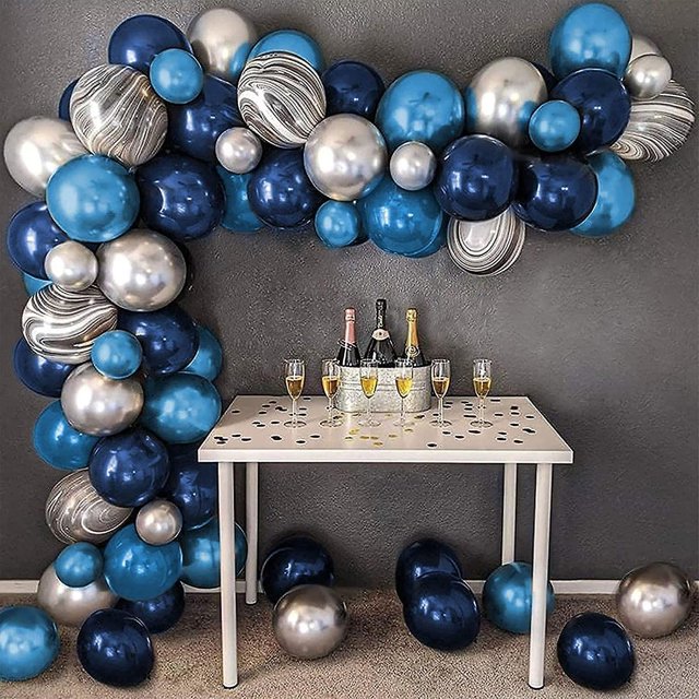 Conjunto de cadena de globos plateados y azules metálicos, decoración para fiesta de graduación y cumpleaños con tema para hombres