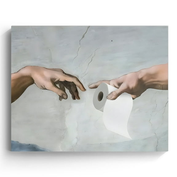 P&L Art Bathroom Funny Creation of Adam Toilet Paper Canvas Wall Art (Framed 16 X 20) - Quirky Humorous Bathroom Decor - Home Wall Art Gift