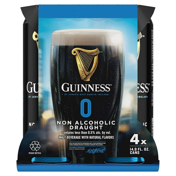 [Pack of 4] Guinness Irish Dry Stout Draught Non-Alcoholic NA Beer, Malt Beverage w/Natural Flavors- 14.9 Fl Oz