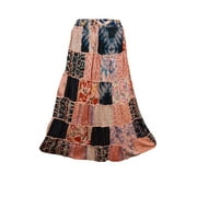 Mogul Patchwork Skirt Peach Ethnic Printed Gujarati Dori Boho Long Maxi Skirts
