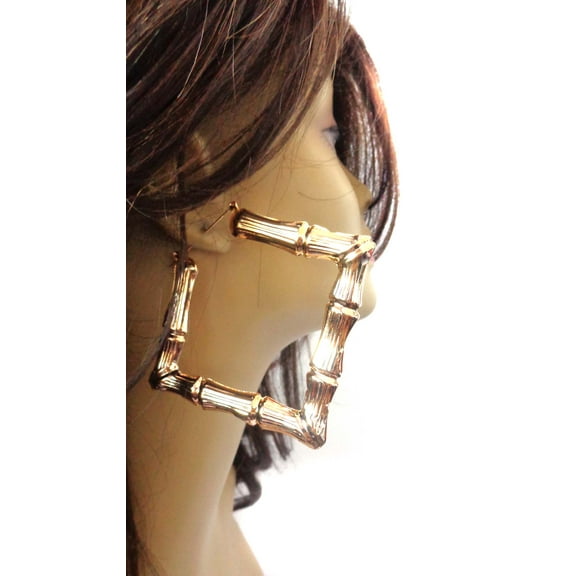 Gold Tone Square Bamboo Hoop Earrings 4 inch Large