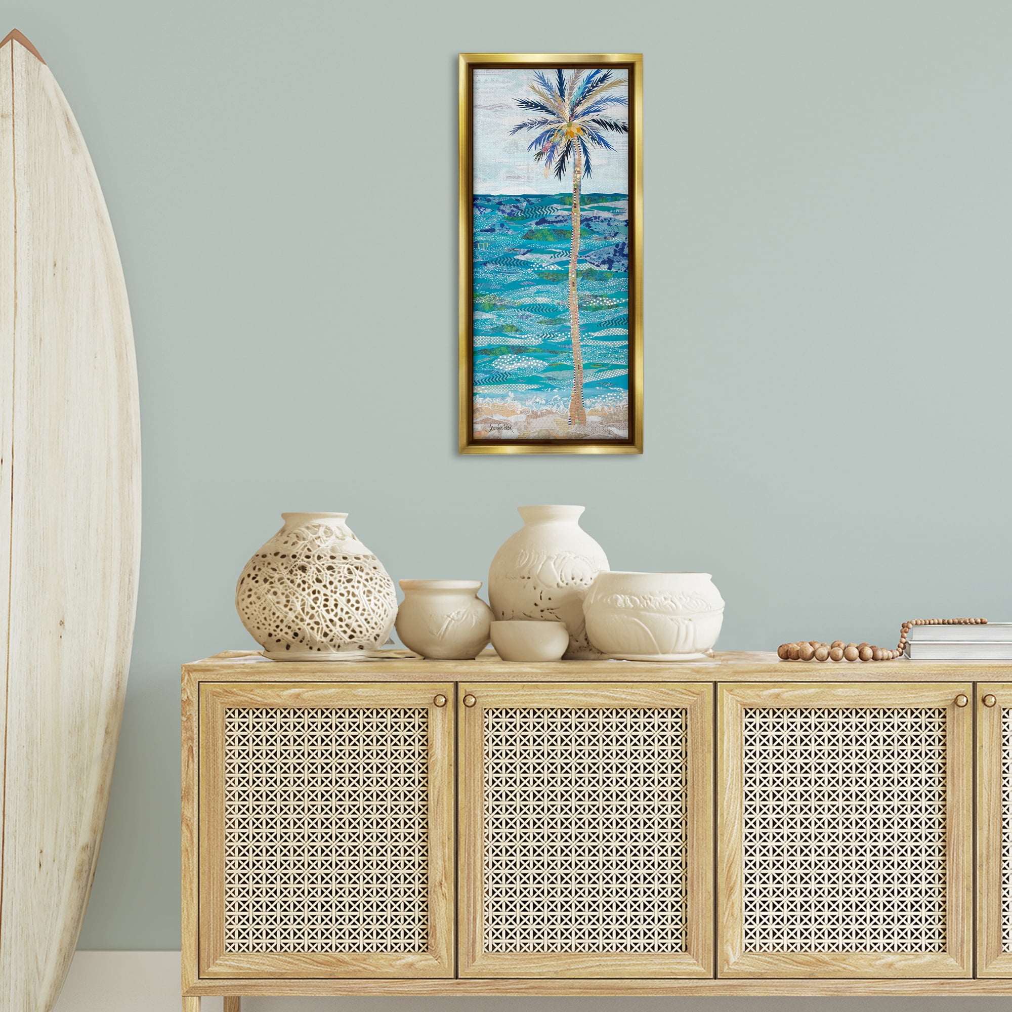 Stupell Industries Tangled in Blue Collage Coastal Painting Gold Floater Framed Canvas Art Print Wall Art, 15 x 31