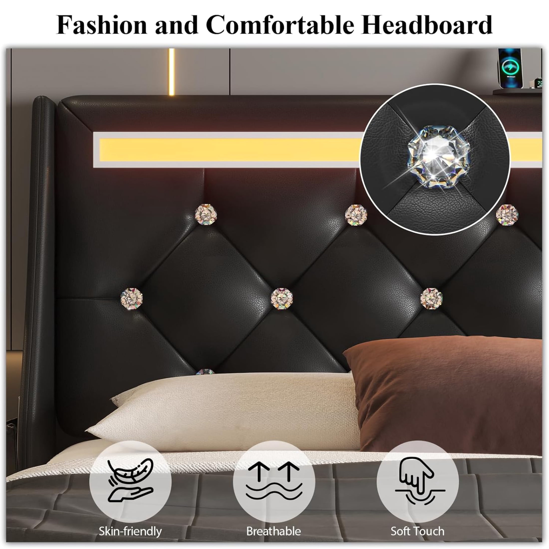 Noble House Ashrid Full Size Bed Frame with Charging Station, Storage Drawers & LED Lights, Metal Support, Black