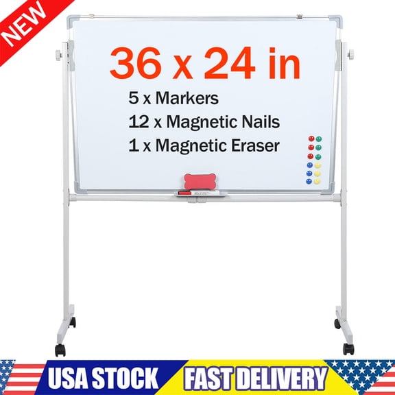 Large Rolling Whiteboard on Wheels, 24" x 36" Double Sided 360° Rotating Mobile White Board with Stand, 2' x 3' Portable Standing Magnetic Dry Erase Board Easel for Home Office Classroom School