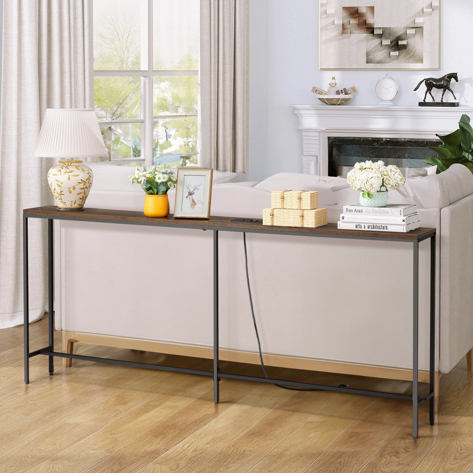 70.9 inch Narrow Long Console Table with 2 Power Outlets & USB Ports, Narrow Entryway Table Sofa Table Behind Couch for Living Room, Rustic Brown