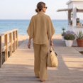 thumbnail image 4 of Women's Waffle Sets 2 Piece Batwing Sleeve Button Down Shirt Pants Outfit Casual Summer Vacation Clothing Khaki L, 4 of 7