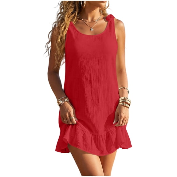 Ahabrexf Beach Cover-Up Dress for Women, Lightweight Rayon Blend, Solid Color, Round Neck, Flowy Silhouette, UPF 15 Sun Protection