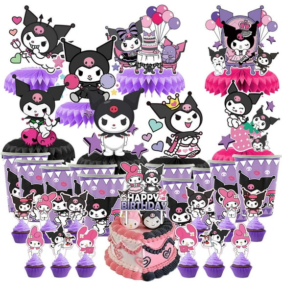 Kuromi Party Supplies Decor Cups Fans Decorations Honeycomb Centerpieces Cake Toppers