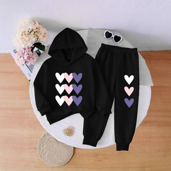 Unisex Kids 100% Cotton Heart Print 2-Piece Hoodie & Jogger Set - Black, 2-8 Years Skin-Friendly Casual Playwear,Size 7-8 T
