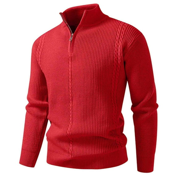 Men's Pullover Sweater Knitted Jacquard Stretch 1/4 Zipper Stand Collar Long Sleeve Casual Fall Winter Warm Top (XL, Red)